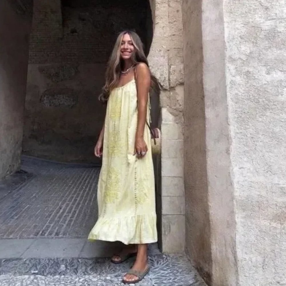 Zara Yellow Embroidered Long Maxi sleeveless Dress Size Medium